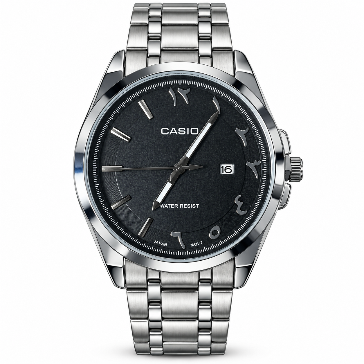 Casio steel watch with black Arabic numeral dial and date window