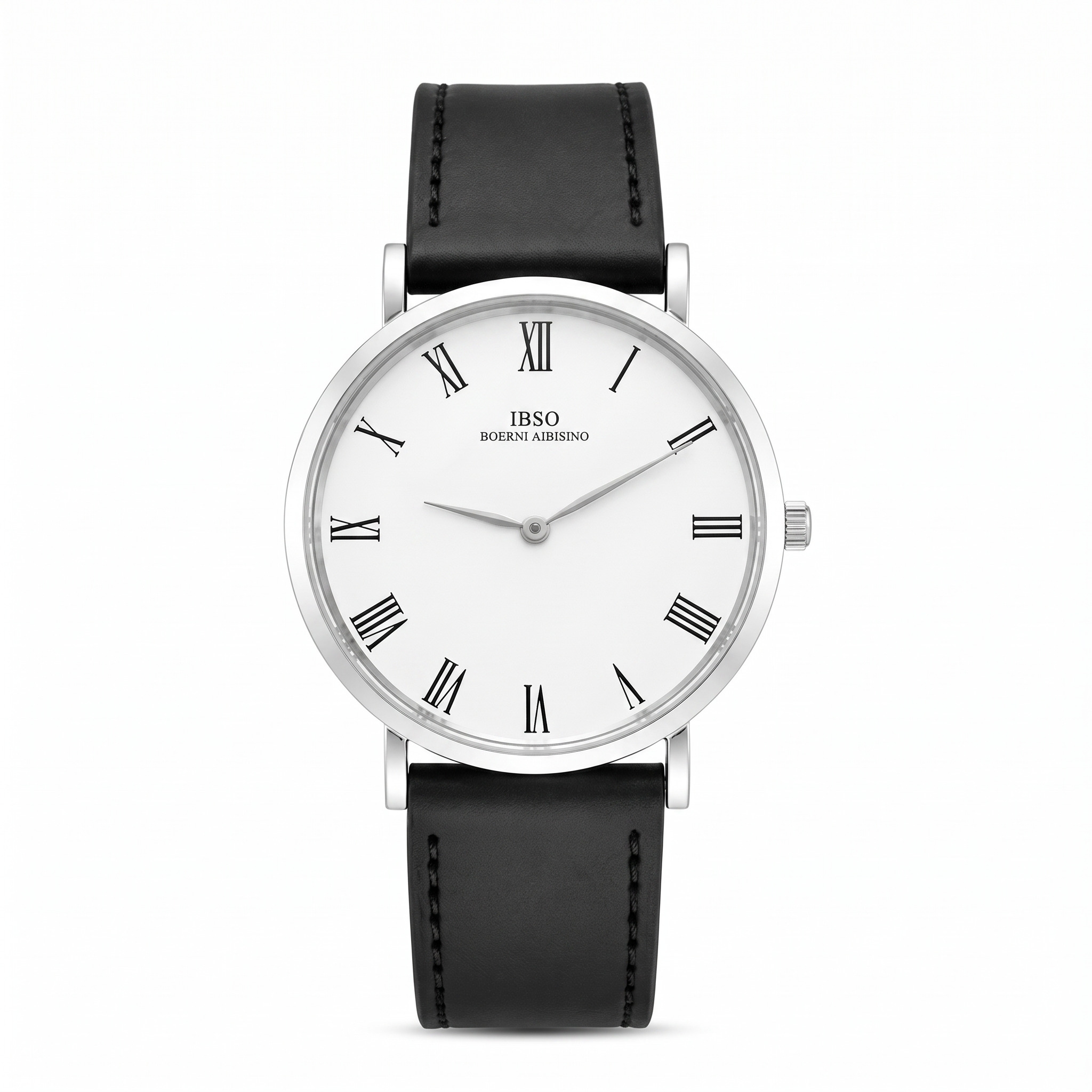 Ibso slim watch with white Roman numeral dial and black leather strap