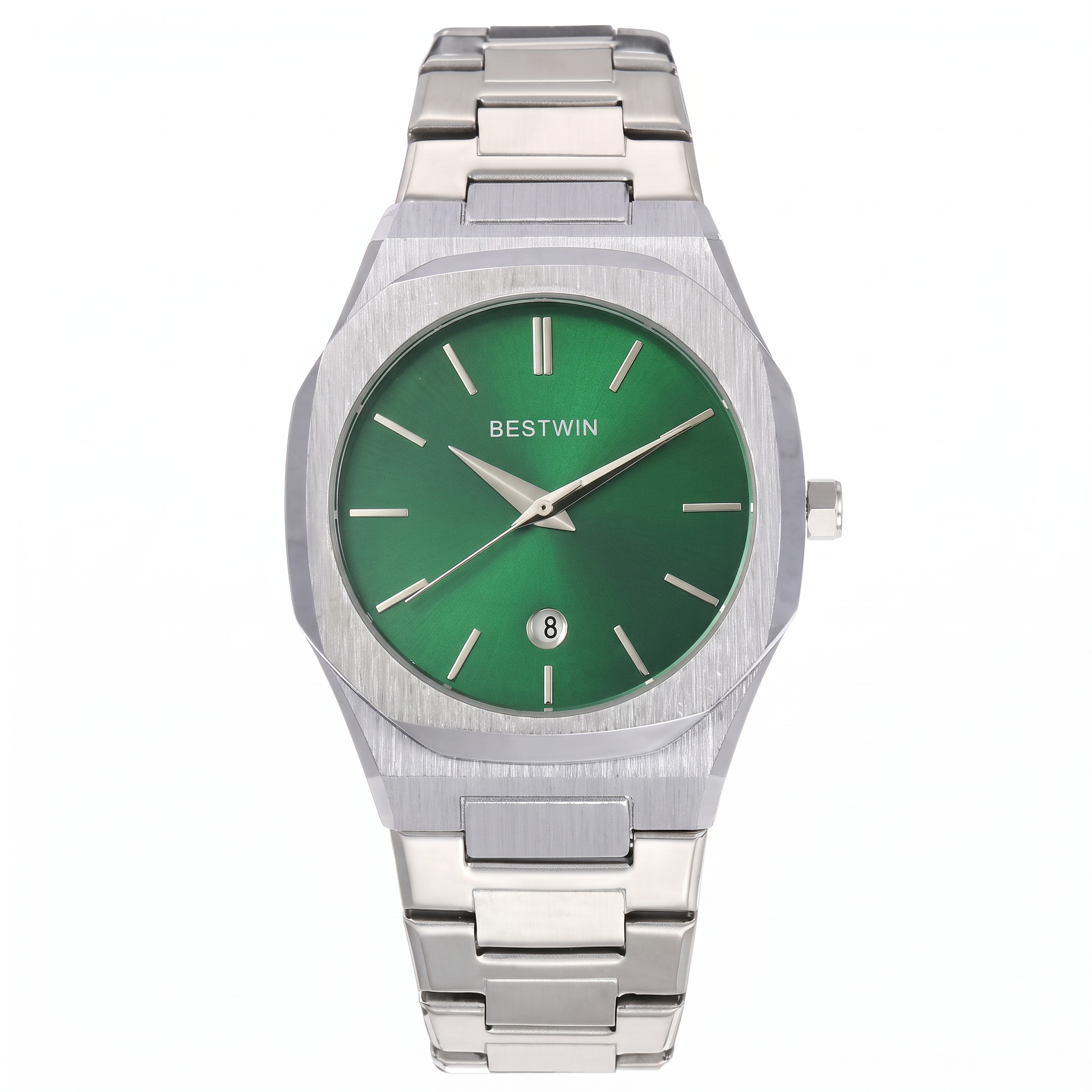 Bestwin octagonal steel watch with emerald green sunburst dial